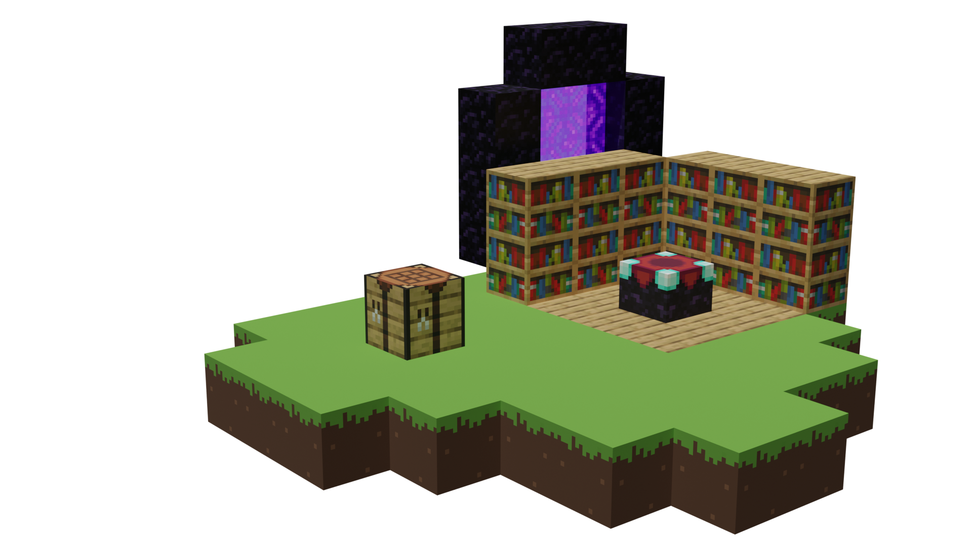 Image representant des elements mythiques de minecraft : table de craft, table d'enchantement, portail du nether.